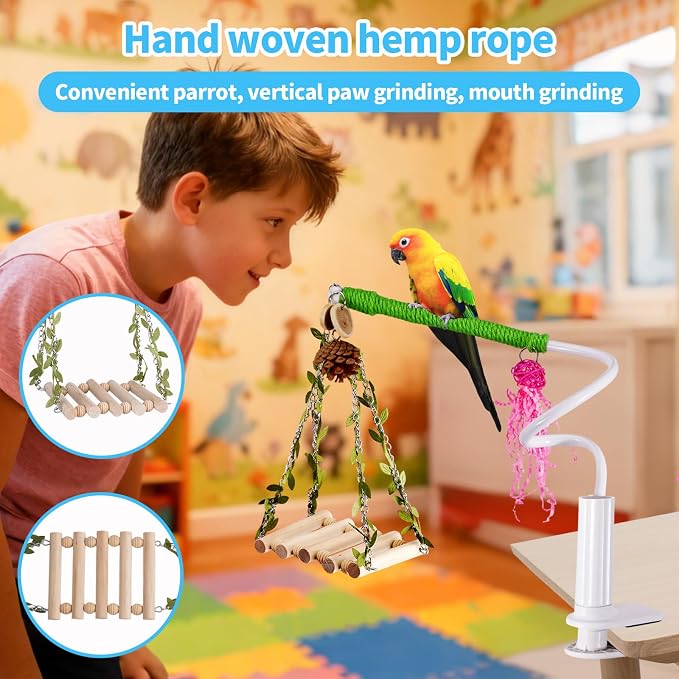 Bird Perch Stand with Swing, Desktop Bird Toy & Stand - Image 7