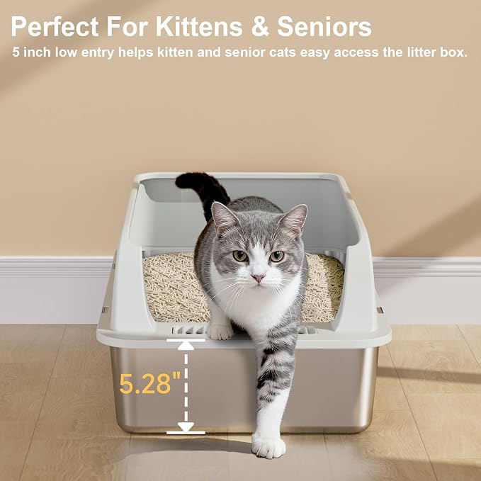 TENTIZON Large Stainless Steel Cat Litter Box, Open Top Metal Kitty Litter Tray - Image 6