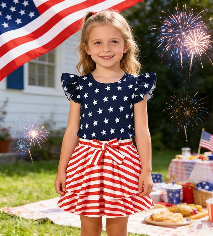 Girls Skirt Set 2 Piece Outfit Toddler Summer Clothes Ruffle Sleeve T-Shirt Bow - Image 3