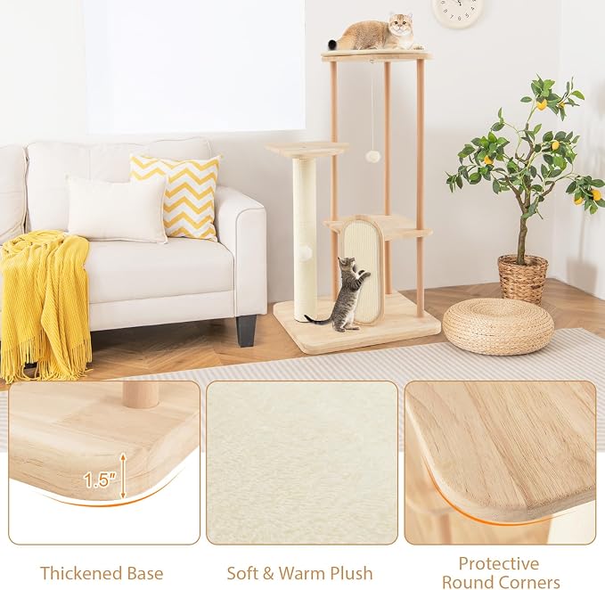 Tangkula Wood Cat Tree for Indoor Cats, Padded Perch, Hanging Toy, Minimalist - Image 8