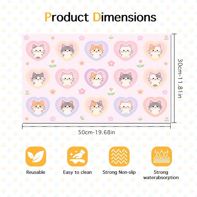 Cat Feedings Mats 20x12 inch Pink Heart Kitten Print Pet Bowl Placemat Non Slip - Image 6