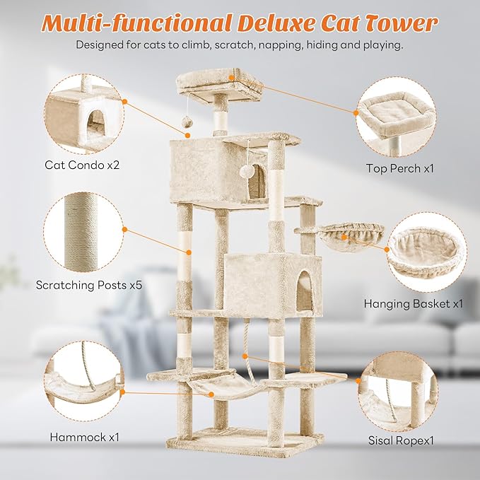 Sweetcrispy 66 inch Cat Tree Tower, Large Multi Level Cat Climbing Tower - Image 2