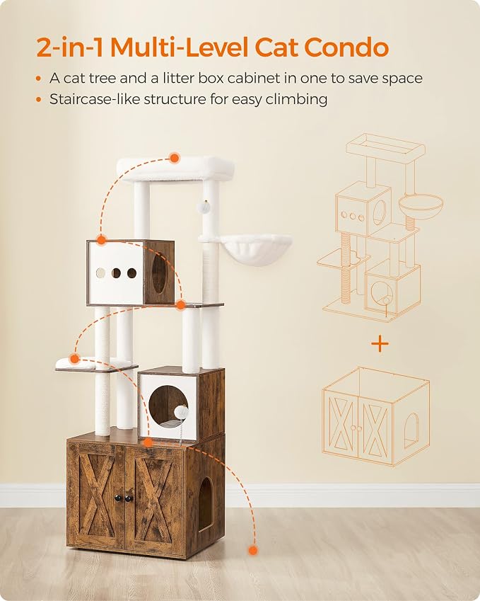 Feandrea Cat Tree with Litter Box Enclosure, 70.1-Inch Tall Cat Tower, 2-in-1 - Image 3