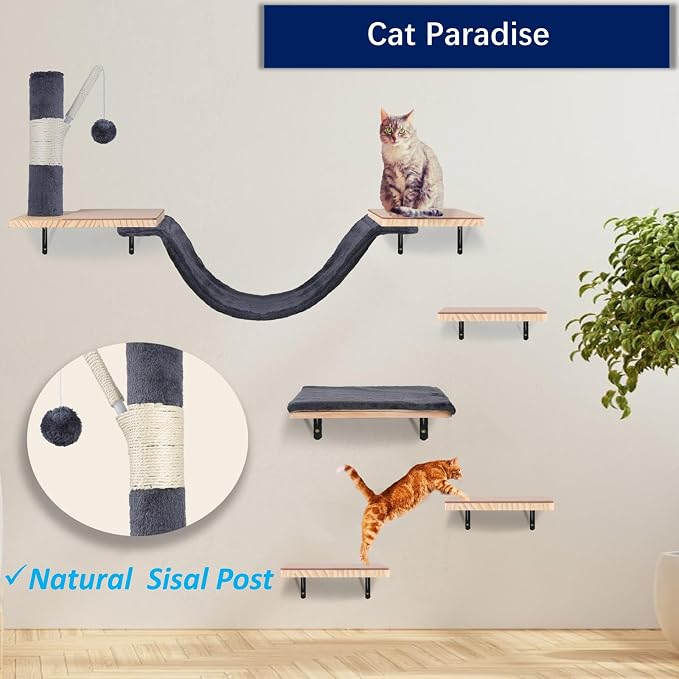 Cat Wall Shelves, Solid Wood Cat Wall Furniture Set, - Image 4