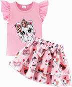 Girls Skirt Set 2 Piece Outfit Toddler Summer Clothes Ruffle Sleeve T-Shirt Bow by zarmfly