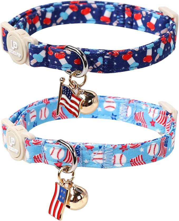 4th 0f July Cat Collar, Summer Baseball Blue Cat Collar by UPURARAPUP