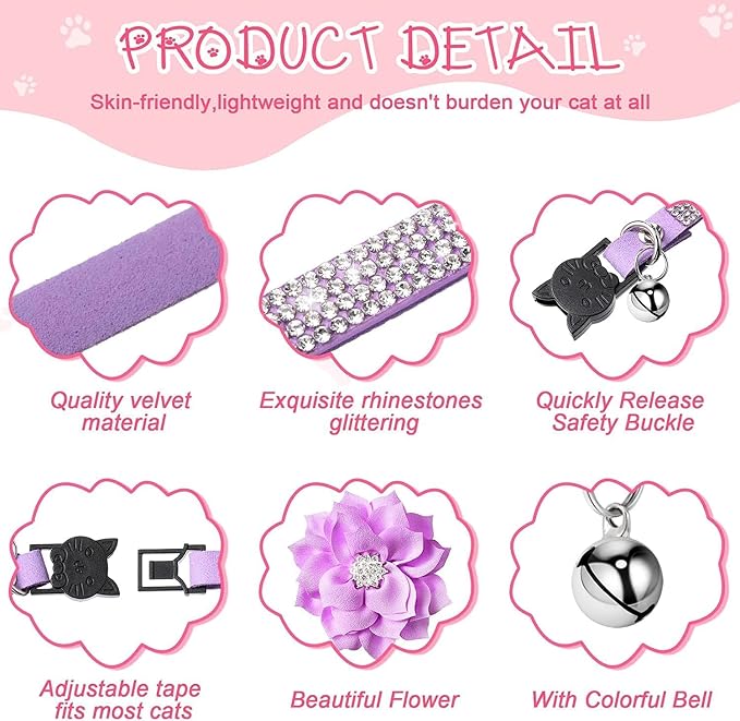 Cat Collars, Rhinestone for Girl Cats Bling Kitten Flower Adjustable Breakaway - Image 3