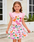 Girls Skirt Set 2 Piece Outfit Toddler Summer Clothes Ruffle Sleeve T-Shirt Bow - Image 2