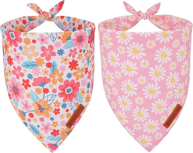 ADOGGYGO Floral Dog Bandana 2 Pack, Reversible Pink Daisy Puppy Scarf Bib by ADOGGYGO