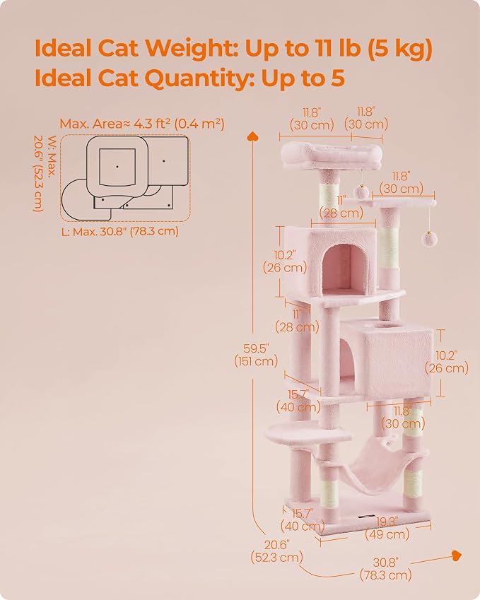 Feandrea Cat Tree, 59.5-Inch Tall Cat Tower, Plush Multi-Level Condo - Image 5