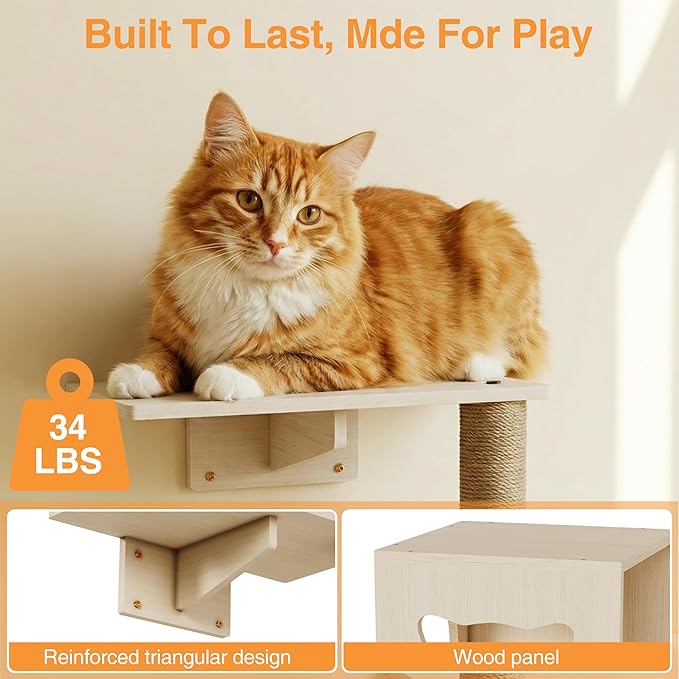 Cat Wall Shelves, Wooden Multi-Level Cat Climbing Furniture, Sisal Scratcher - Image 4