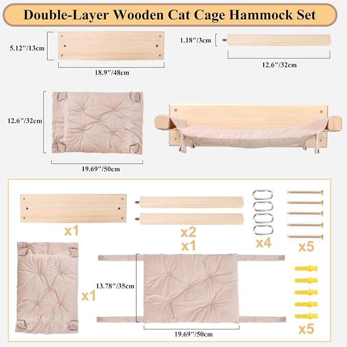 JSPYFITS Wooden Cat Wall Hammock, 18.9 x 12.6 Inch Double Layer Cat Furniture - Image 7