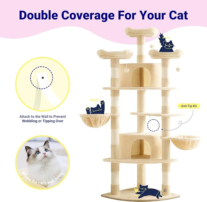 Allewie 73in Fan-Shaped Space-Saving Corner Cat Tower/Multi-Level Tall Cat Tree - Image 3