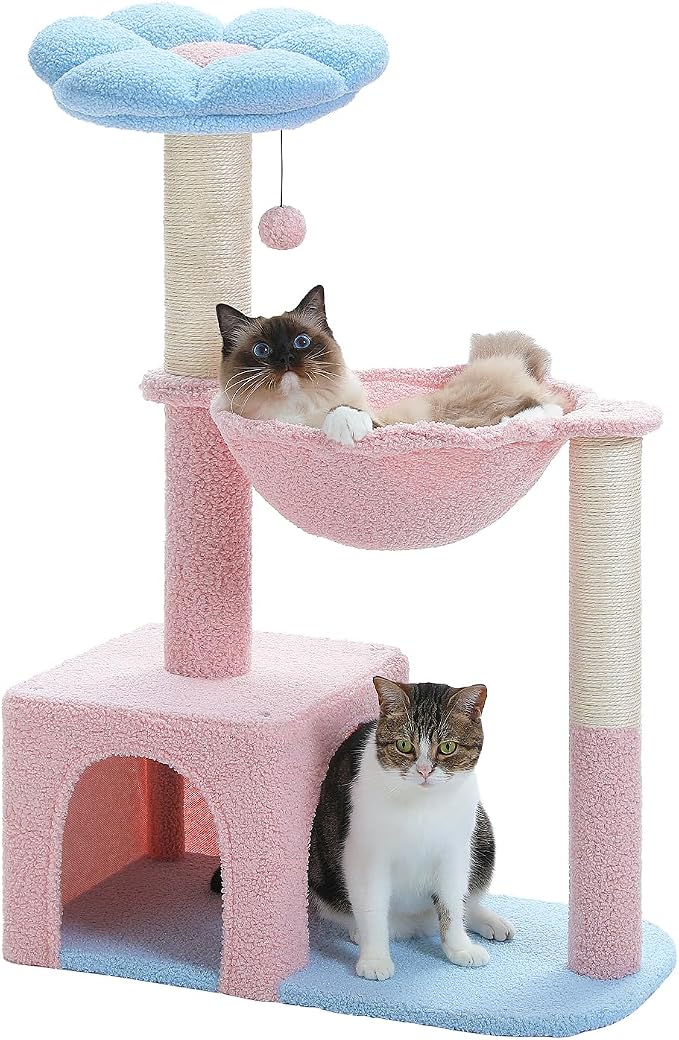 Flower Cat Tree with Large Metal Frame Hammock, Cat Condo with Blue Top Perch by MUTTROS