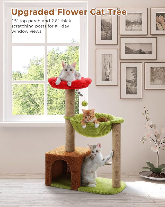 Flower Cat Tree with Sisal Scratching Posts, Cat Condo with Removable Flower Bed - Image 7