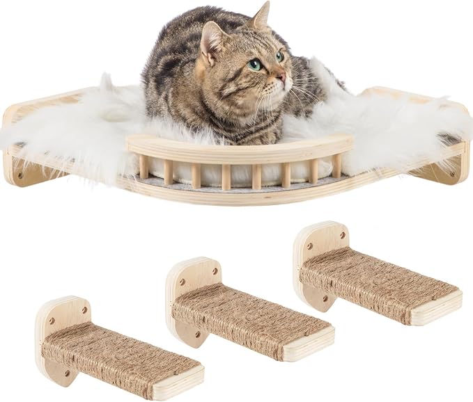 Large Cat Shelves with 3 Steps, Wall Mounted Cat Climbing Shelf with Plush by CoolEx
