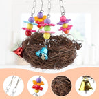 Hypeety Natural Rattan Nest Bird Swing Toy Colorful Flowers Bells - Image 3