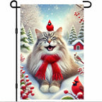 Christmas Garden Flag Cute Cat Red Cardinal Winter Snow Scene Outdoor Yard Flag by BlissYard