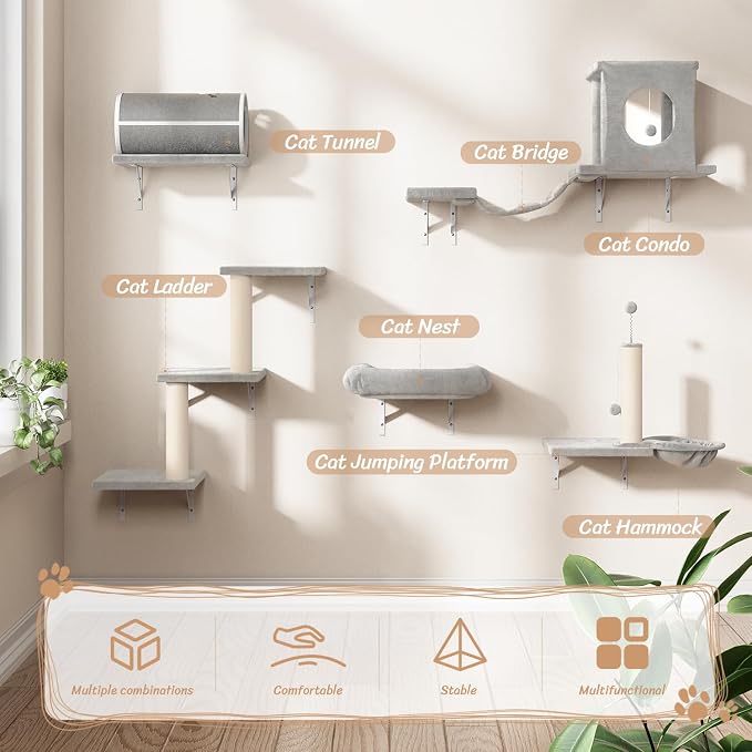 7-in-1 Cat Wall Shelves, Wall Mounted Cat Climber Set, Cat Furniture - Image 2