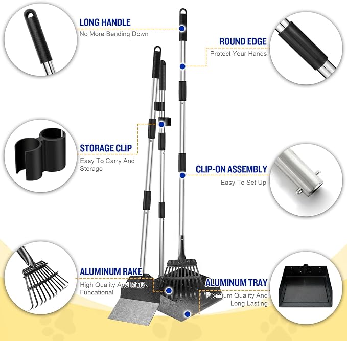 Dog Pooper Scooper, Tray Rake and Spade 3 Pack Poop Scoop Adjustable Long - Image 5