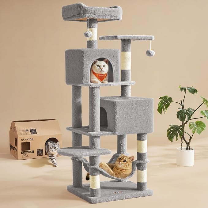 Feandrea Cat Tree, 59.5-Inch Tall Cat Tower, Plush Multi-Level Condo by FeandreabySONGMICSHOME