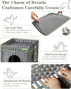 Cat Litter Enclosure with Hidden Litter Mat and Rattan Cat House, Supports Two - Image 3