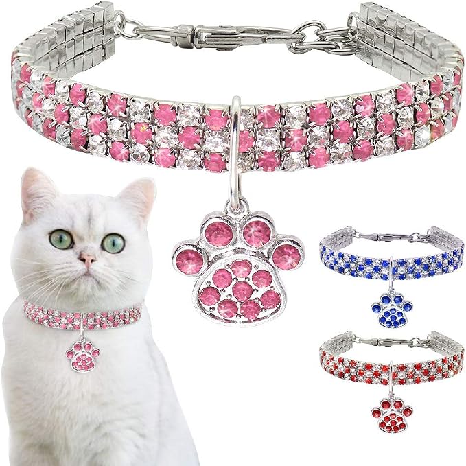 Pet Collar with Diamonds, Adjustable Crystal Diamond Elastic Heart Claw Pendant - Image 5