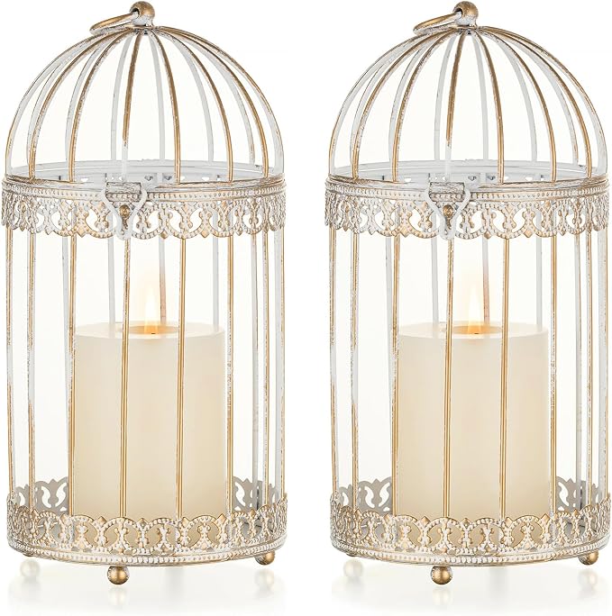 NUPTIO Decorative Bird Cage Lantern: 2 Set of 10 inch Tall Rustic White by Nuptio