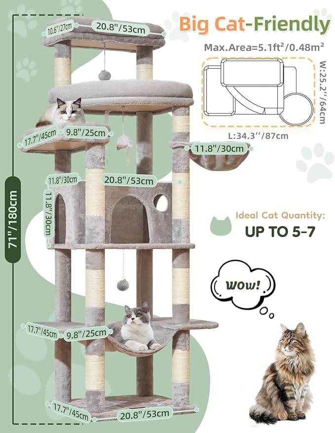 Taoqimiao 71 Inches Cat Tree for Large Cats 20lbs+, 3 Giant Perches, Widened - Image 2