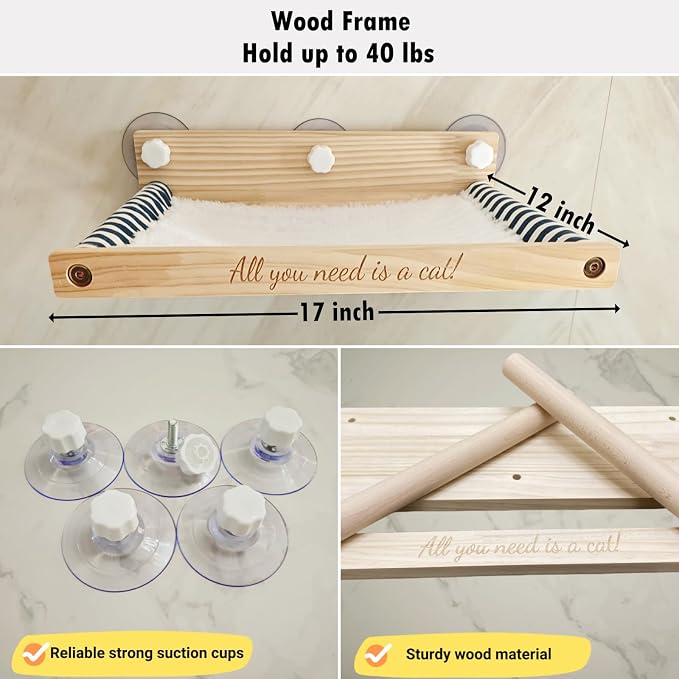 Cat Window Perch with 2 Stairs, Natural Wood, 5 Strong Suction Cups - Image 4