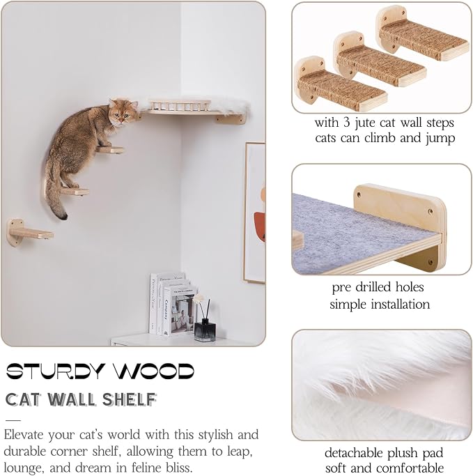 Large Cat Shelves with 3 Steps, Wall Mounted Cat Climbing Shelf with Plush - Image 6