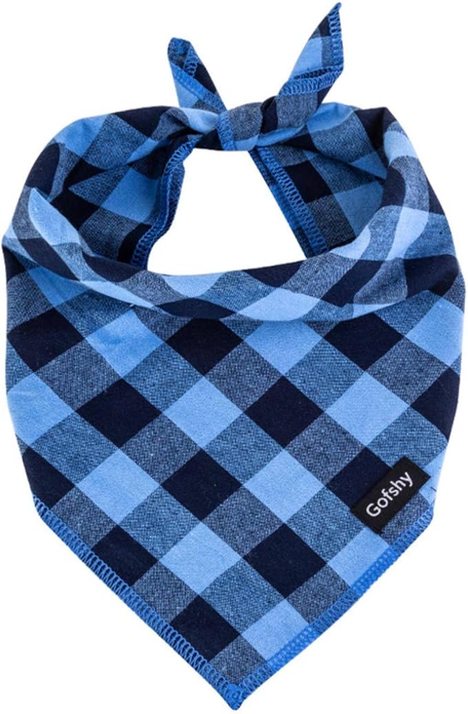 Boy Dog Bandana Small-Blue Black Dog Scarf Buffalo Plaid Printing Adjustable by Gofshy