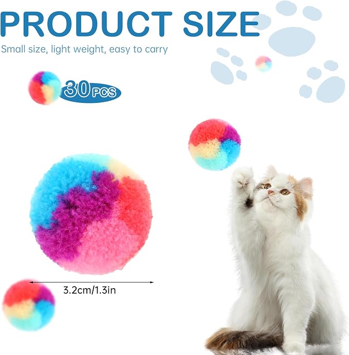 KALIONE 30 Pcs Soft Plush Cat Ball 1.2-inch Rainbow Cat Toy Balls Fuzzy Kitty - Image 6