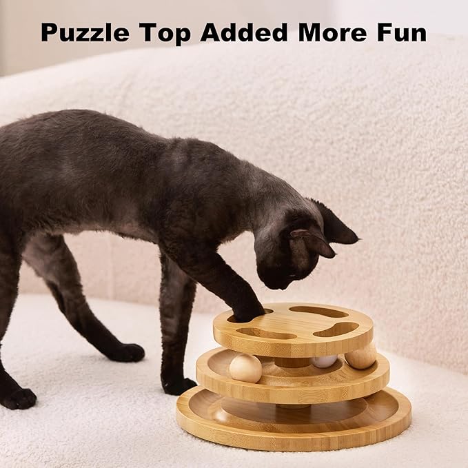 Cat Ball Track Toy with Puzzle Top and DIY Bell, Wooden Cat Toys - Image 3