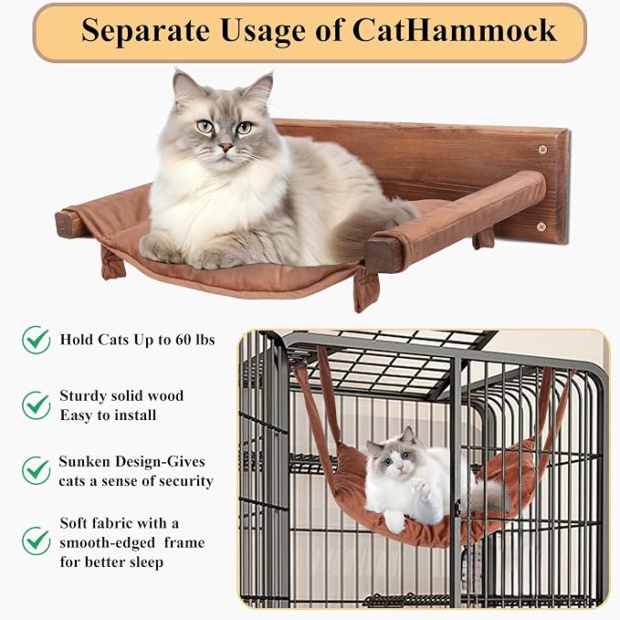 JSPYFITS Wooden Cat Wall Hammock, 18.9 x 12.6 Inch Double Layer Cat Furniture - Image 6
