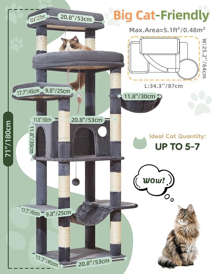Taoqimiao 71 Inches Cat Tree for Large Cats 20lbs+, 3 Giant Perches, Widened - Image 2