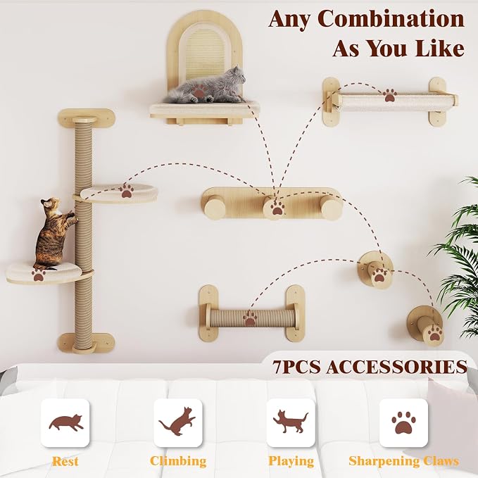 BYBYME 7Pcs Cat Wall Shelves, Solid Wood Indoor Cat Tree, Sturdy Wooden Wall - Image 4