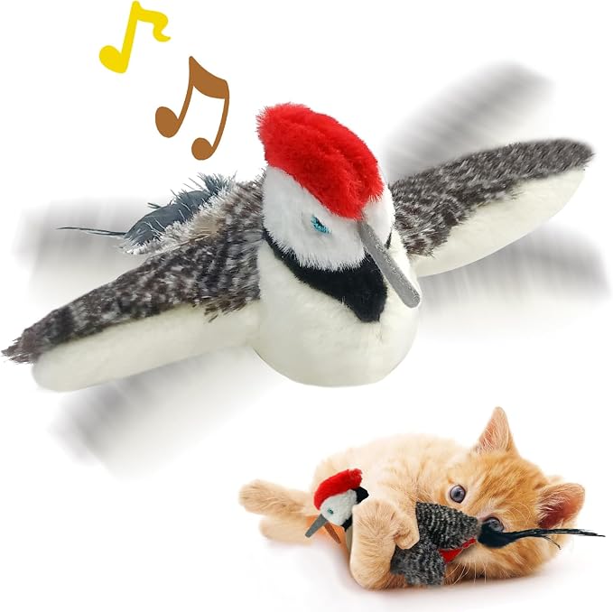 Cat Toys, Flapping Wings Woodpecker, No Flying, Chirping Bird Interactive by KreizyGo