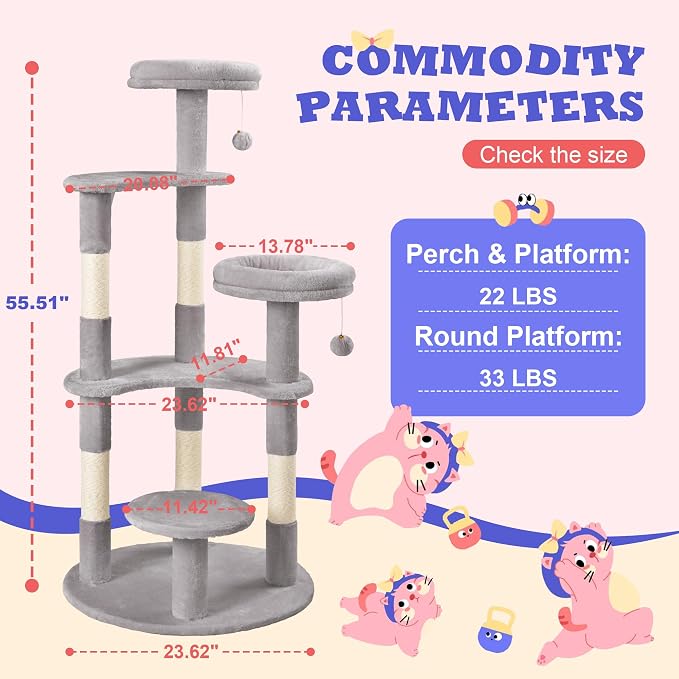 Allewie 55.5 in Cat Tree for Indoor Kitties/Soft Plush Perches/Multi-Level Cat - Image 7