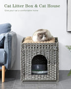 Cat Litter Enclosure with Hidden Litter Mat and Rattan Cat House, Supports Two - Image 2