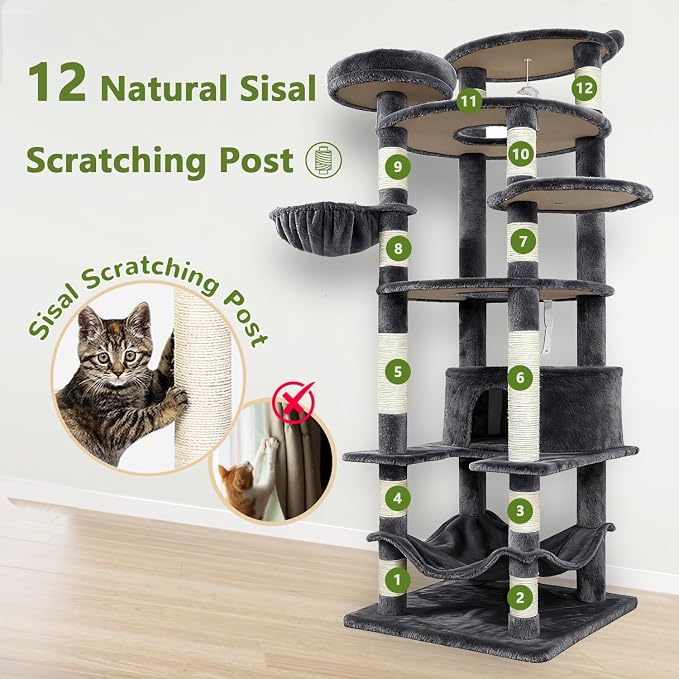 78.8" Large Cat Tree Tower for Indoor Kitties, Sisal Scratching Posts, Hammock - Image 4