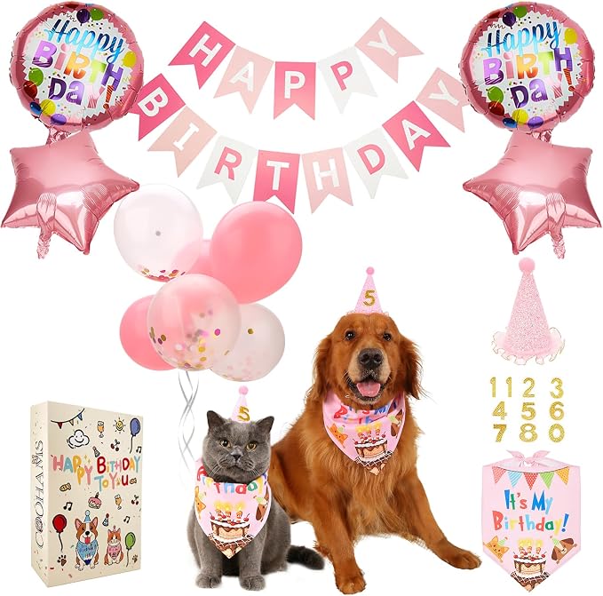 Dog & Cat Birthday Party Decorations Set Include Bandana, Adjustable Hat by COOHAMS