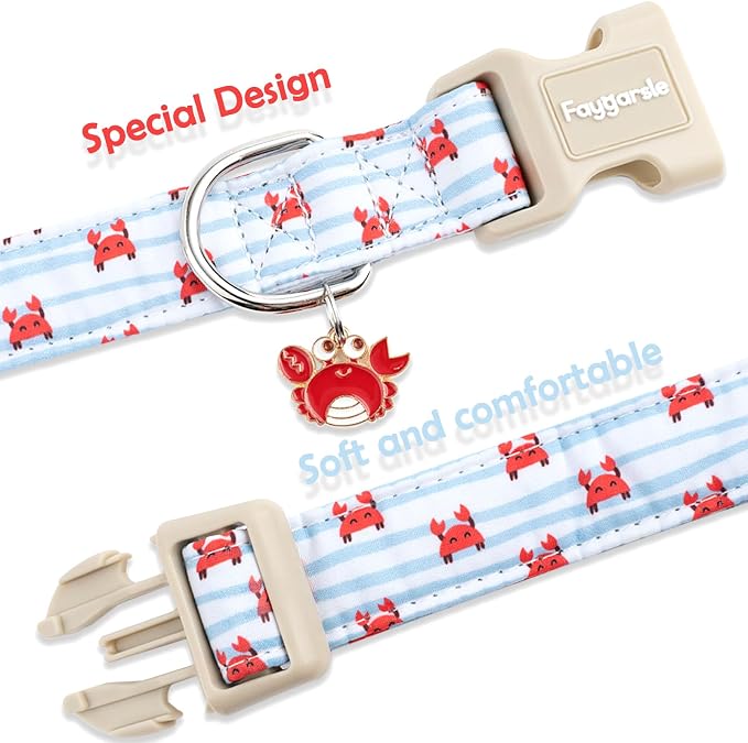 Faygarsle Cute Crab Pattern Dog Collar, Cotton Fabric, Light Blue Stripes - Image 4