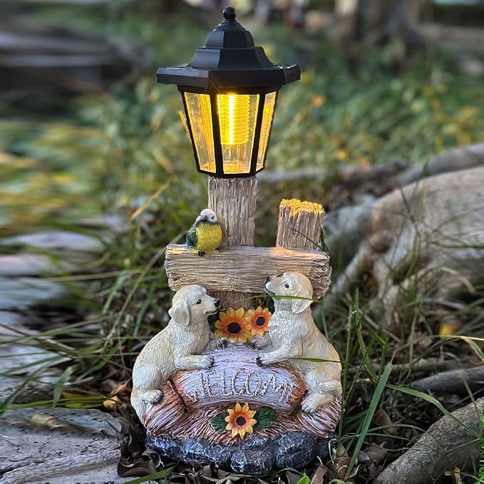 Outside Dog Statue with Solar Lantern, Garden Welcome Sign Dog Solar Figurines - Image 5