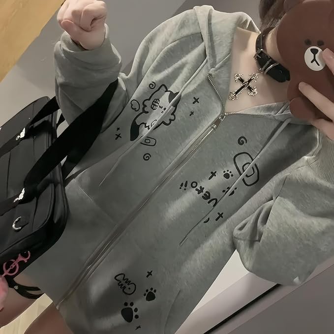 Womens Y2K Zip Up Cute Graphic Hoodies Cat Ears Casual Cartoon Harajuku Kawaii - Image 5