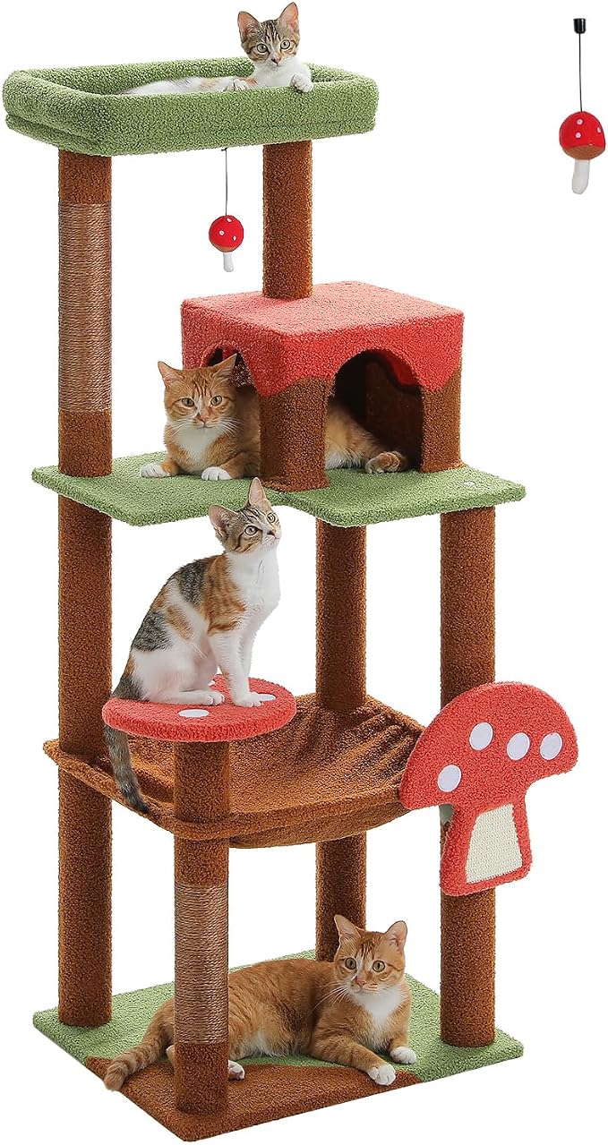 Mushroom Cat Tree Tower with Removable Scratcher, Large Hammock, 3 Sisal Posts by MUTTROS