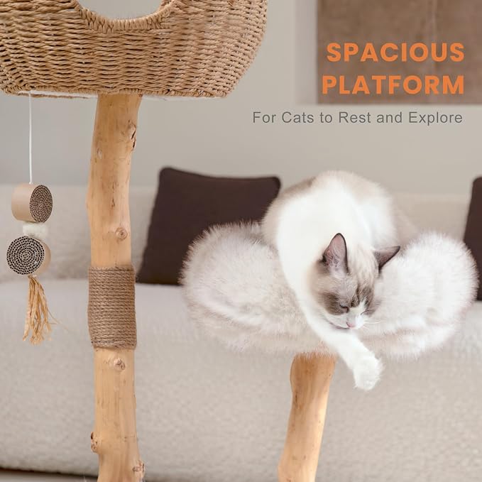 Cat Tree Tower with Two Real Branches, 44 INCH Wood Modern Cat Tower with - Image 4