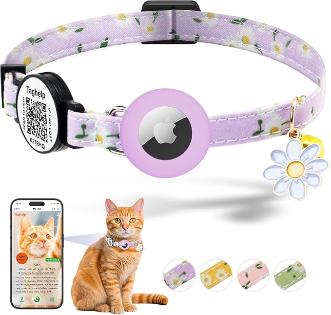 8-13in Airtag Cat Collar Lightweight and Comfortable, Bells & Flower Charm by Taghelp