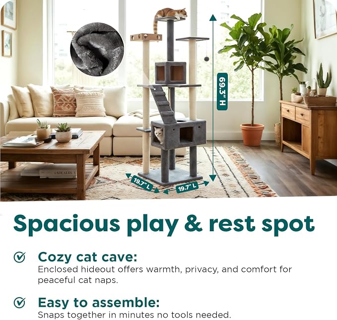 FurHaven 69.3" Tall Cat Scratching Post Tower - Image 3