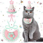 Sanwuta 2 Pcs Cat Birthday Party Supplies, Knit Cat Hat Kitten Birthday Bib by Sanwuta